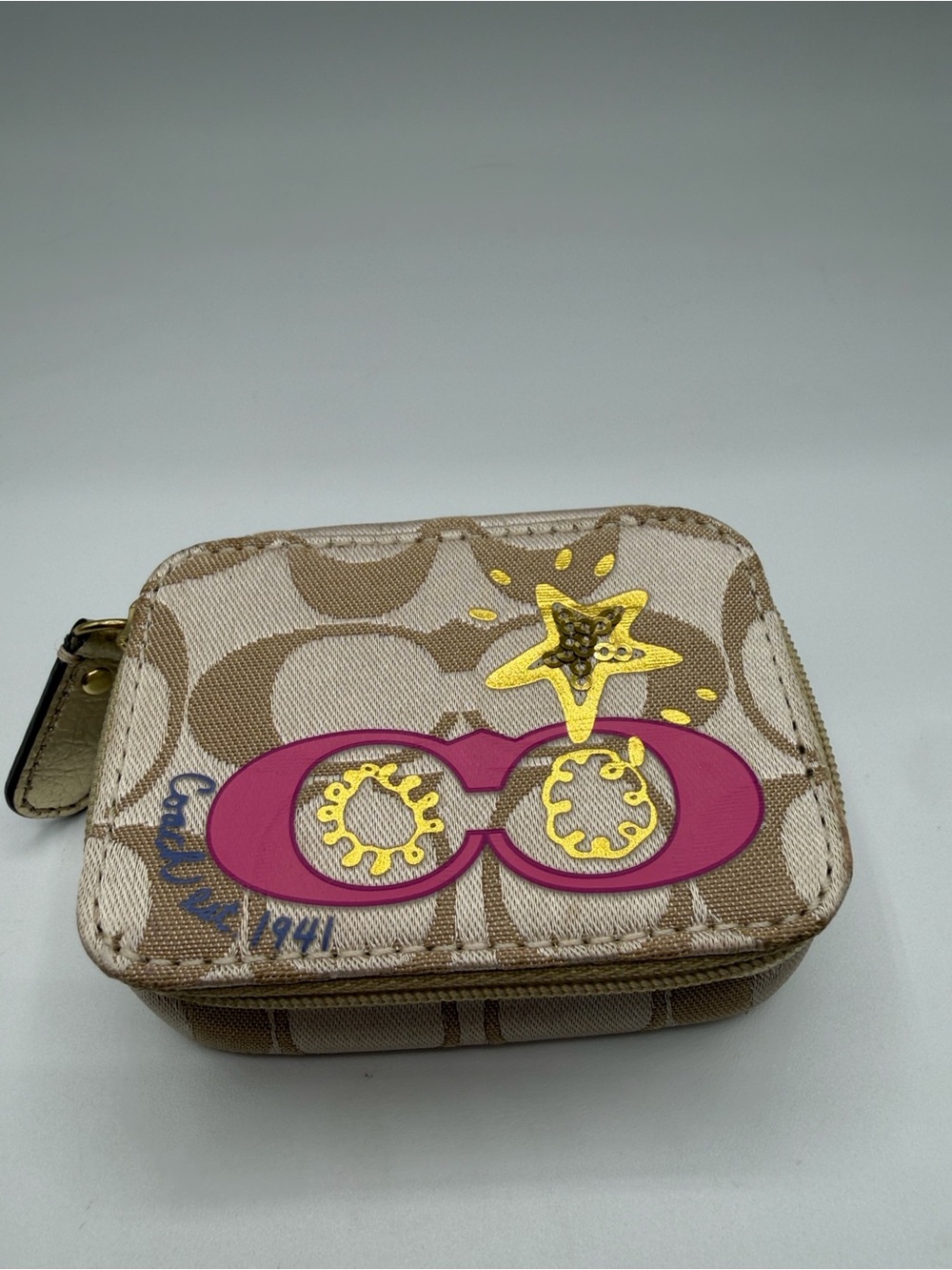 Coach Poppy Triple Pill Box Khaki/Gold/Pink Signature Travel Case